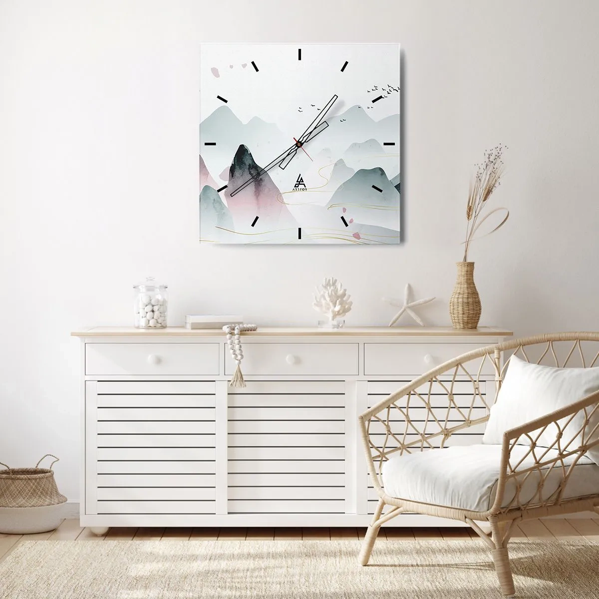 Wanduhr - Glasuhr - Abstrakte Berge in Pastelltönen - 30x30cm - Über die Gipfel - Moderne Wanddekoration für Wohnzimmer und Schlafzimmer ARTTOR