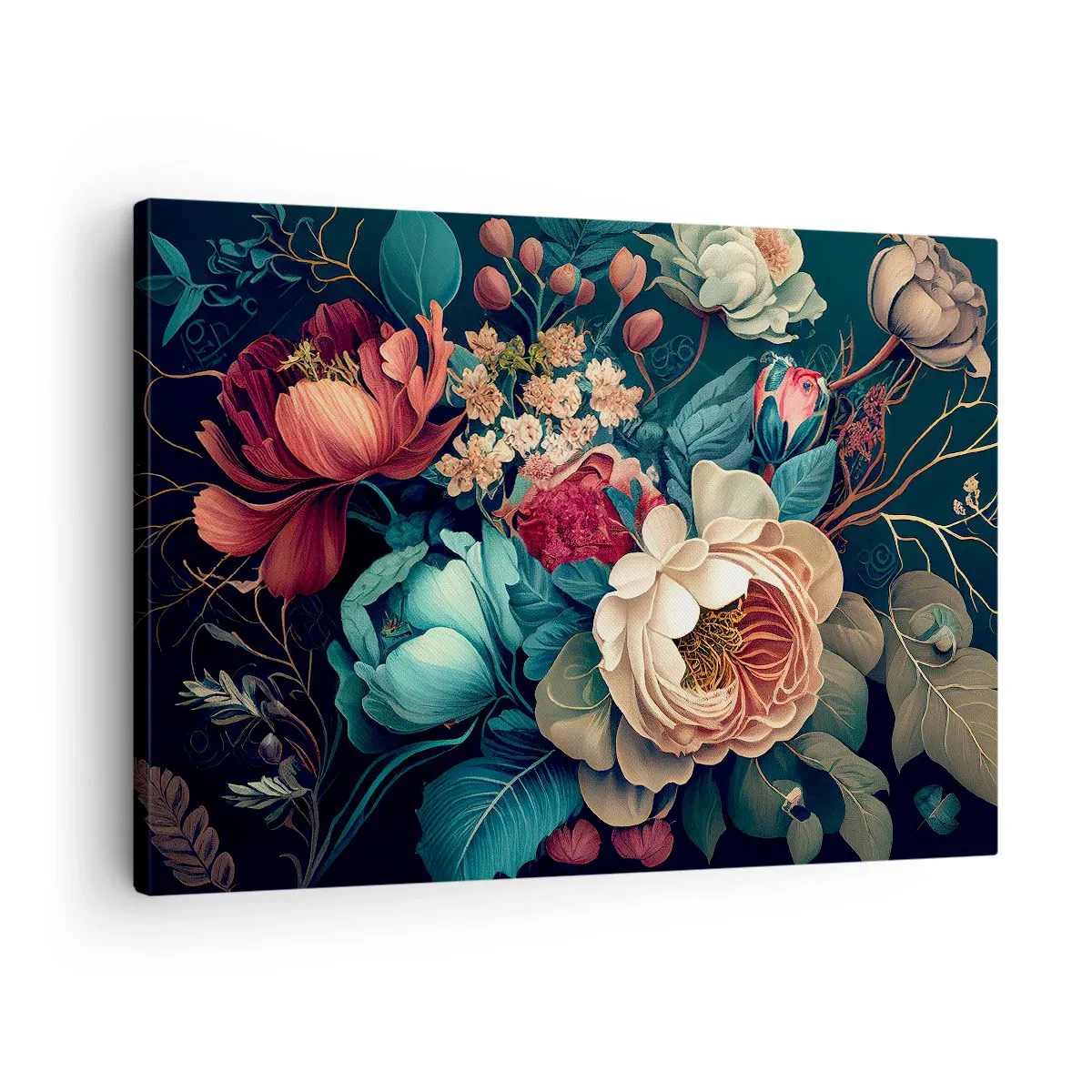 Bild auf Leinwand - Leinwandbild - Eine farbenfrohe Blumenkomposition auf dunklem Hintergrund - 70x50cm - Charme des 19. Jahrhunderts - Moderne Wanddekoration für Wohnzimmer und Schlafzimmer ARTTOR