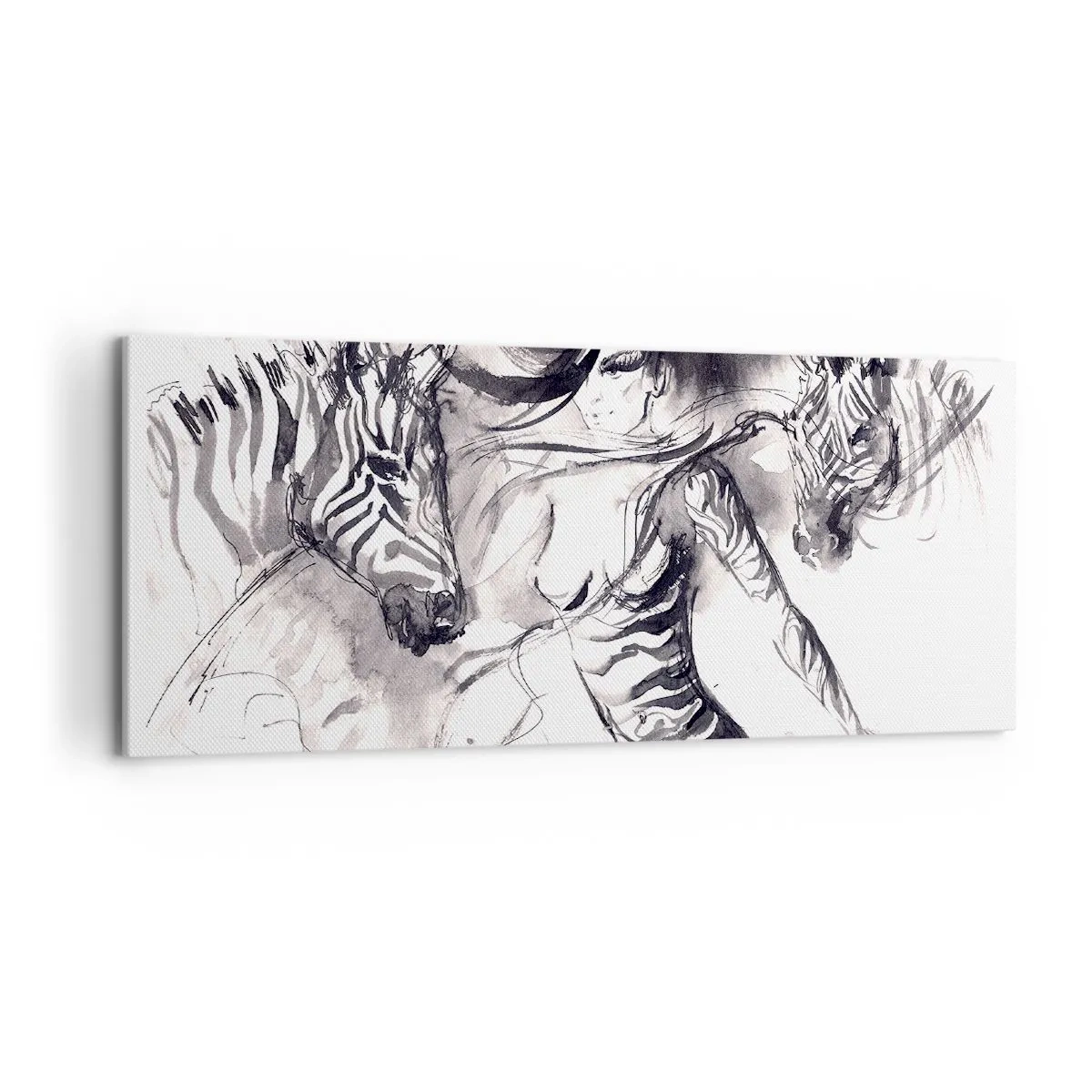 Bild auf Leinwand - Leinwandbild - Eine Frau in einem dynamischen Tanz mit Zebras in einer Schwarz-Weiß-Ästhetik - 120x50cm - Tanzen mit den Zebras - Moderne Wanddekoration für Wohnzimmer und Schlafzimmer ARTTOR