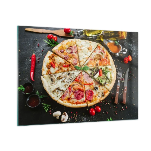 Glasbild - Bild auf glas - Pizza in verschiedenen Geschmacksrichtungen mit Belag auf dunklem Hintergrund - 100x70cm - Eine Reihe von Geschmacksrichtungen - Moderne Wanddekoration für Wohnzimmer und Schlafzimmer ARTTOR