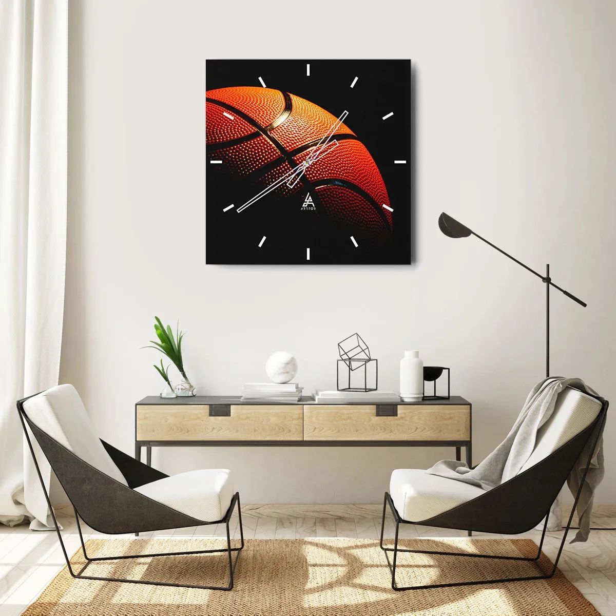 Wanduhr - Glasuhr - Nahaufnahme eines Basketballs vor schwarzem Hintergrund - 30x30cm - Schön wie ein Planet - Moderne Wanddekoration für Wohnzimmer und Schlafzimmer ARTTOR