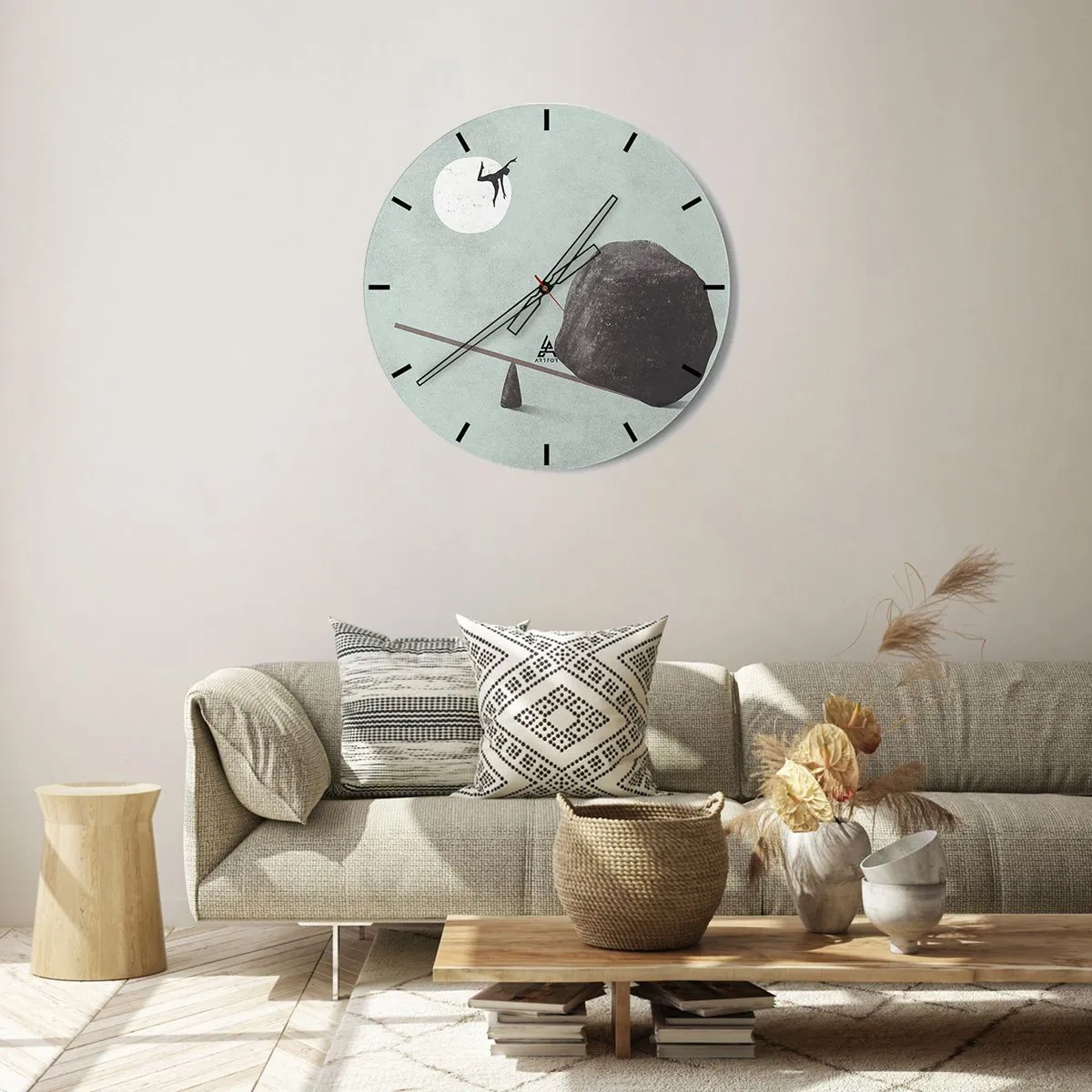 Wanduhr - Glasuhr - Eine Figur wird von einem Stein von einer Wippe in Richtung Mond katapultiert. - 30x30cm - Erfüllte Träume - Moderne Wanddekoration für Wohnzimmer, Küche und Schlafzimmer ARTTOR