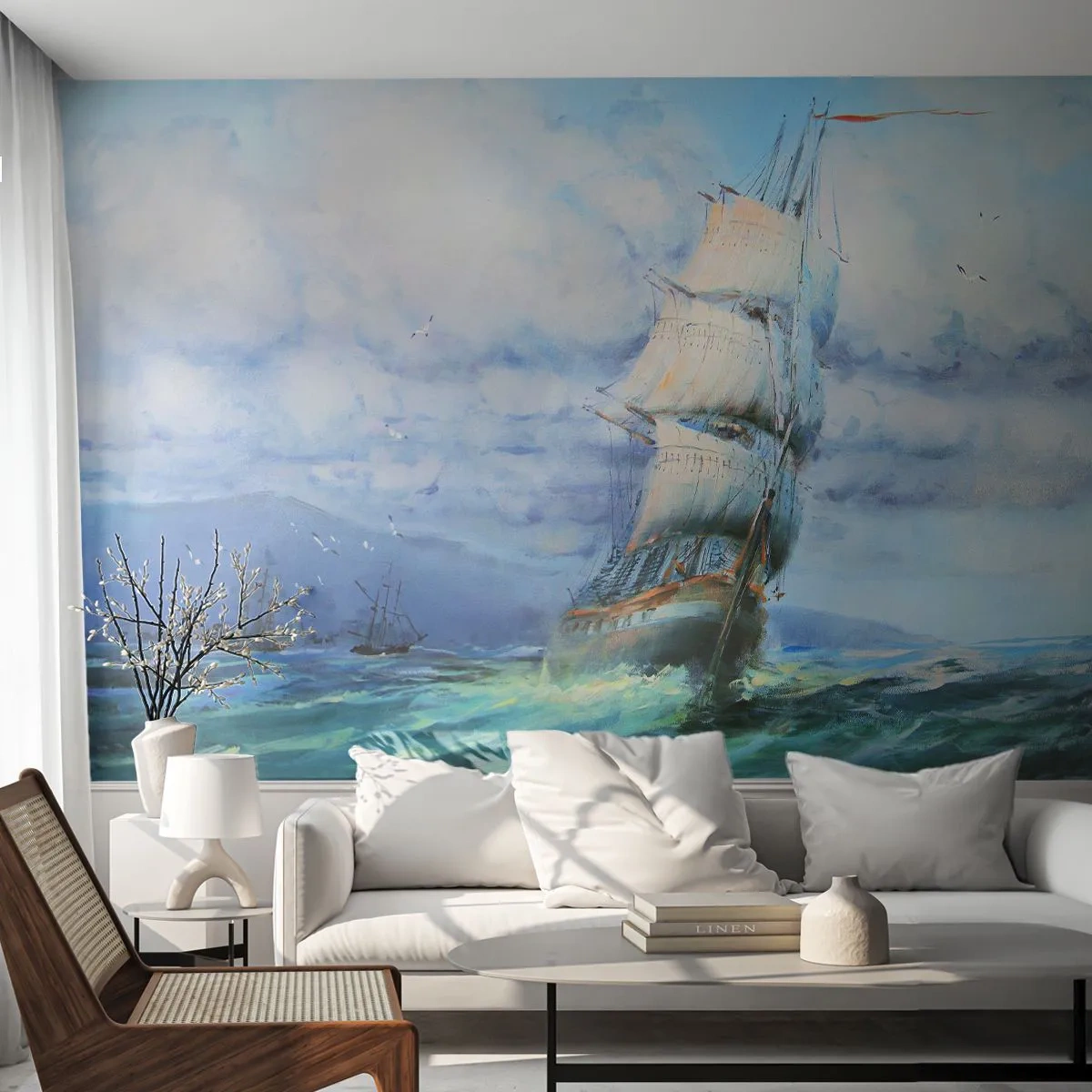 Fototapete Premium Sand - Ein Segelschiff auf stürmischer See zwischen den Wolken - 100x70cm - Guter Wind - Moderne Wanddekoration für Wohnzimmer und Schlafzimmer ARTTOR