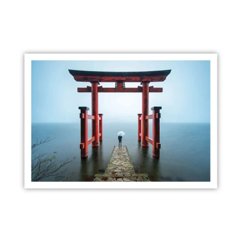 Poster - Ein Torii-Tor mit Blick auf einen ruhigen See in Japan - 100x70cm - Japanische Träumerei - Moderne Wanddekoration für Wohnzimmer und Schlafzimmer ARTTOR