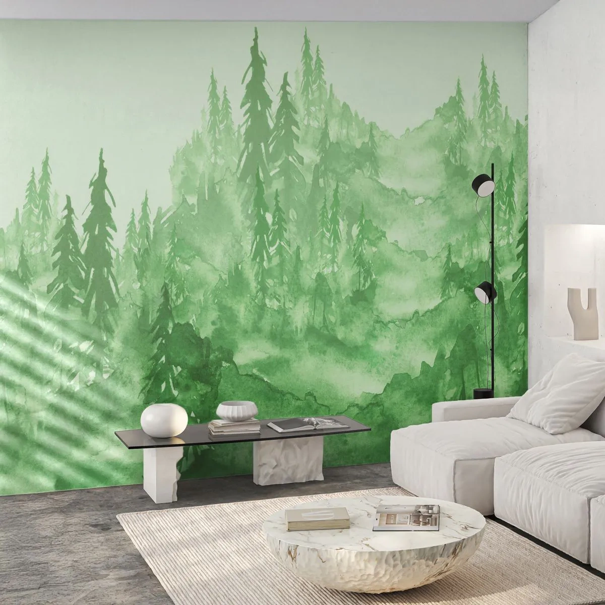 Fototapete Standard Eco - Verschwommen mit grünem Nebel - Wald, Grafik, Landschaft - 400x280 cm