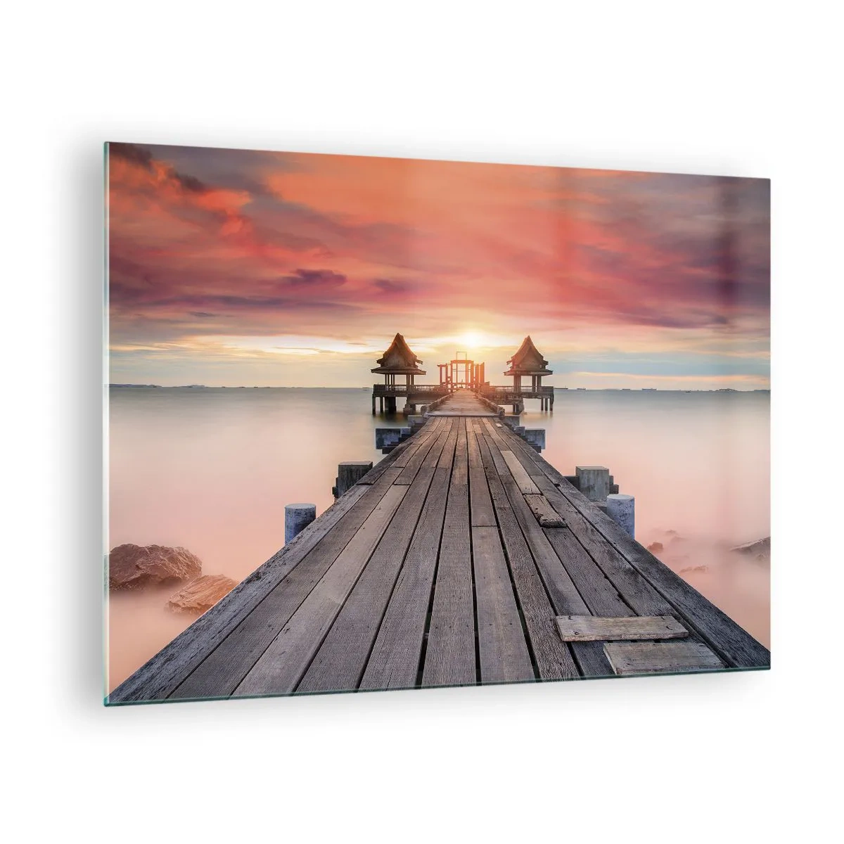 Glasbild - Bild auf glas - Holzsteg, der bei Sonnenuntergang zu Pavillons am Wasser führt - 70x50cm - Westen im Osten - Moderne Wanddekoration für Wohnzimmer und Schlafzimmer ARTTOR
