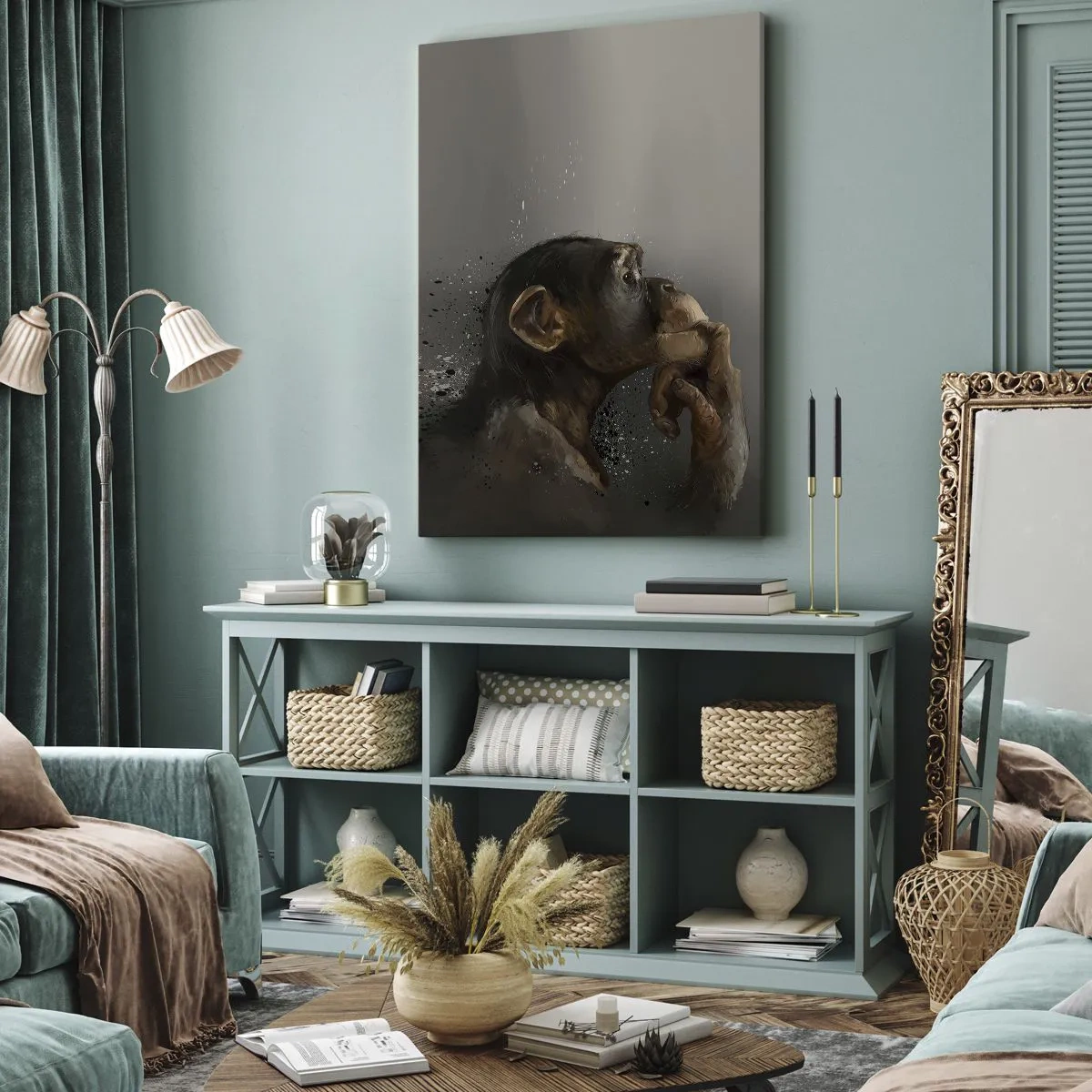 Bild auf Leinwand - Leinwandbild - Porträt eines Affen in nachdenklicher Pose vor grauem Hintergrund - 70x100cm - Sicherlich ein Denker - Moderne Wanddekoration für Wohnzimmer und Schlafzimmer ARTTOR