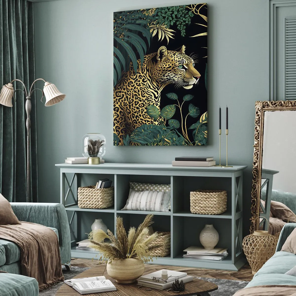 Bild auf Leinwand - Leinwandbild - Leopard in tropischen Blättern auf schwarzem Hintergrund - 80x120cm - Gastgeber im Dschungel - Moderne Wanddekoration für Wohnzimmer und Schlafzimmer ARTTOR