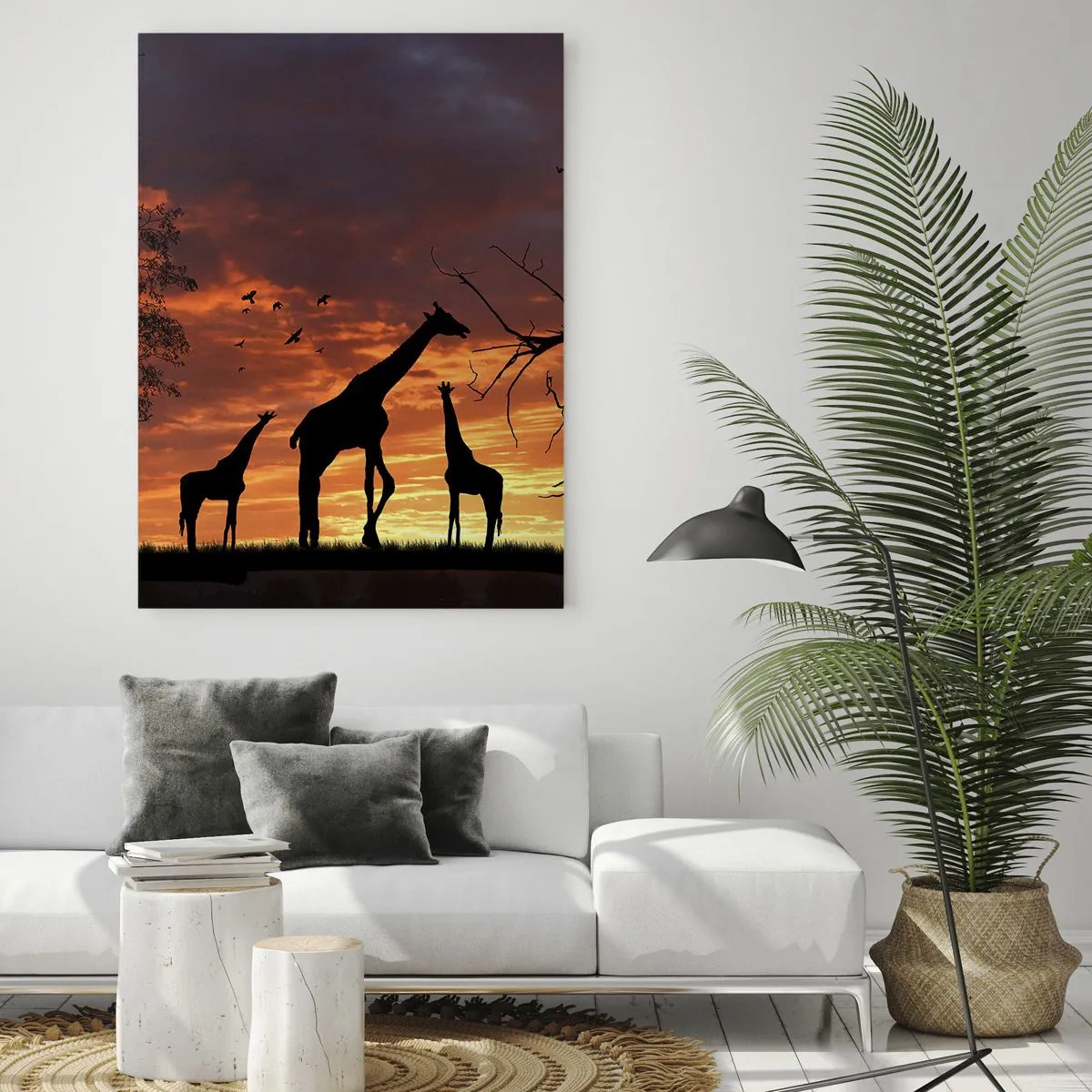 Glasbild - Bild auf glas - Silhouetten von Giraffen vor dem Hintergrund eines Sonnenuntergangs in einer afrikanischen Landschaft - 50x70cm - Ein kleines Abendessen mit deinen Liebsten - Moderne Wanddekoration für Wohnzimmer und Schlafzimmer ARTTOR
