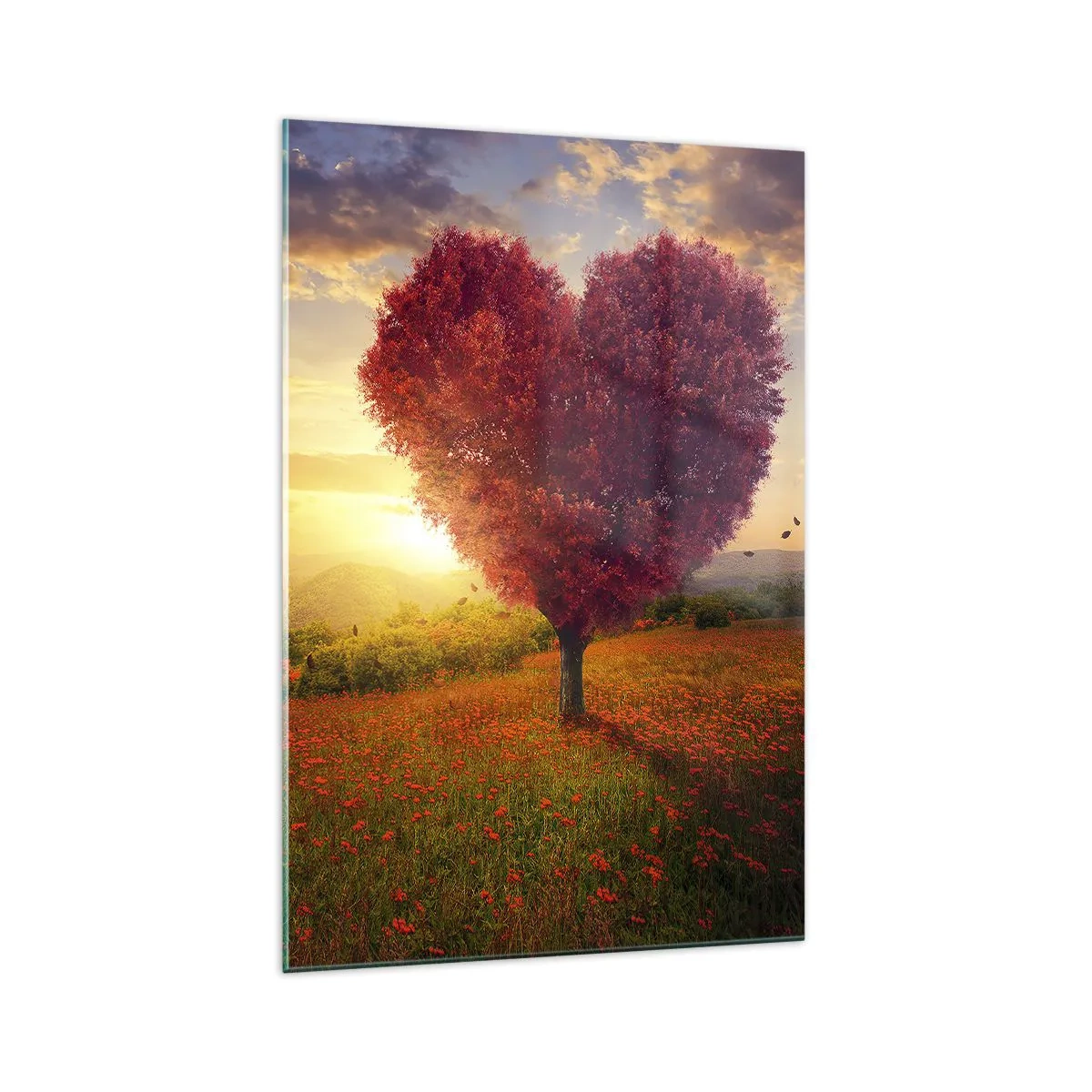 Glasbild - Bild auf glas - Herzförmiger Baum bei Sonnenuntergang - 70x100cm - Berührt das Herz - Moderne Wanddekoration für Wohnzimmer und Schlafzimmer ARTTOR