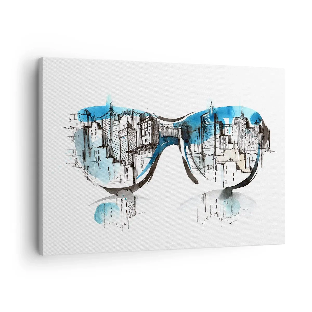 Bild auf Leinwand - Leinwandbild - Aquarell des Stadtpanoramas, das sich in den Gläsern spiegelt - 70x50cm - Großstadt-Chic - Moderne Wanddekoration für Wohnzimmer und Schlafzimmer ARTTOR