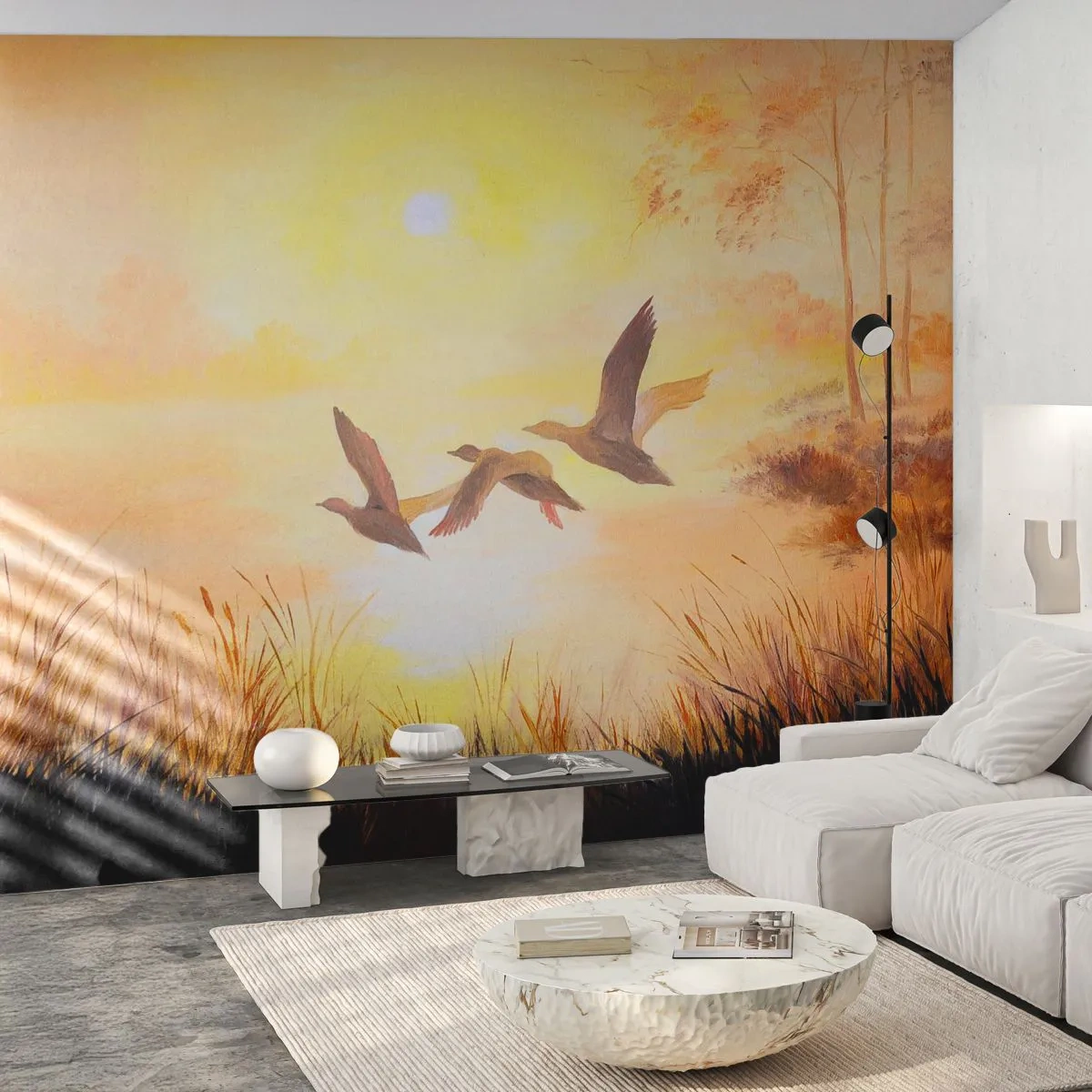 Fototapete Premium Sand - Der Beginn einer langen Reise - Natur, Wilde Ente, Landschaft - 250x175 cm