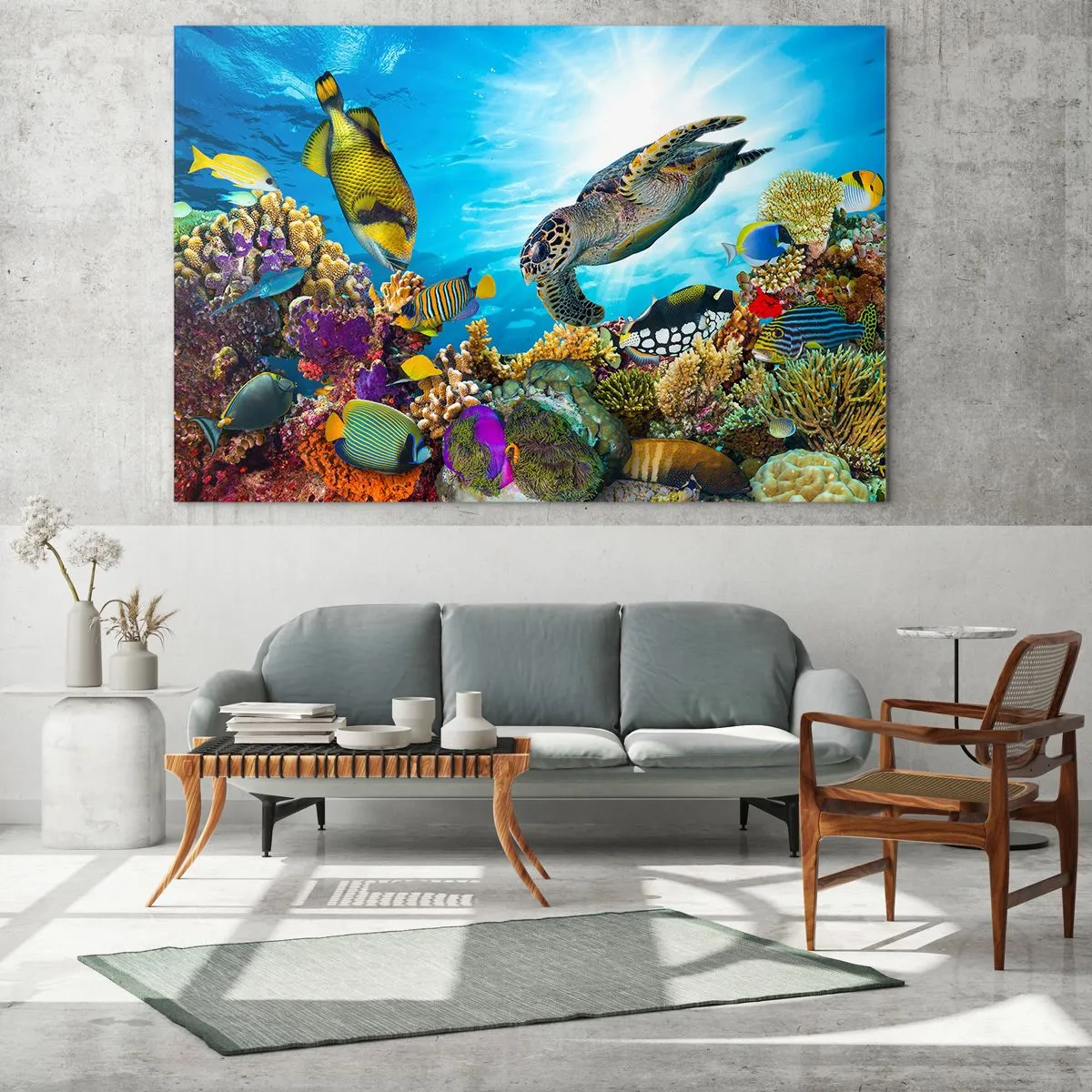 Glasbild - Bild auf glas - Unterwasserszene mit Schildkröten, Fischen und Korallen - 100x70cm - Korallenpromenade - Moderne Wanddekoration für Wohnzimmer und Schlafzimmer ARTTOR