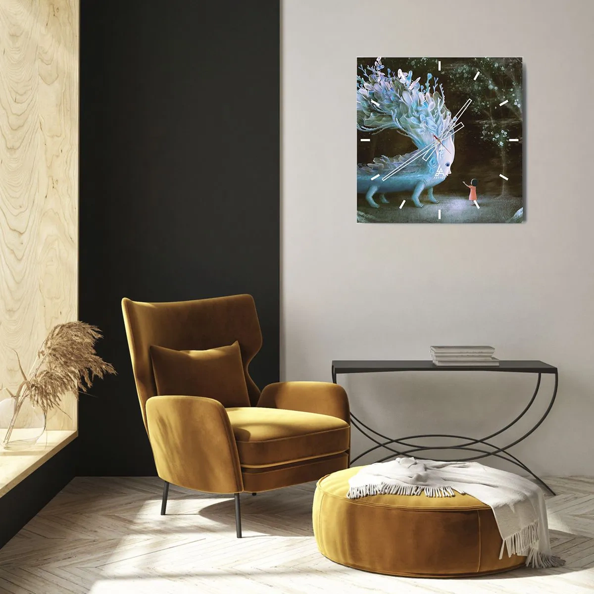 Wanduhr - Glasuhr - Die Figur eines Mädchens, das einem fantastischen Wesen gegenübersteht - 30x30cm - Fantastisches Treffen - Moderne Wanddekoration für Wohnzimmer und Schlafzimmer ARTTOR