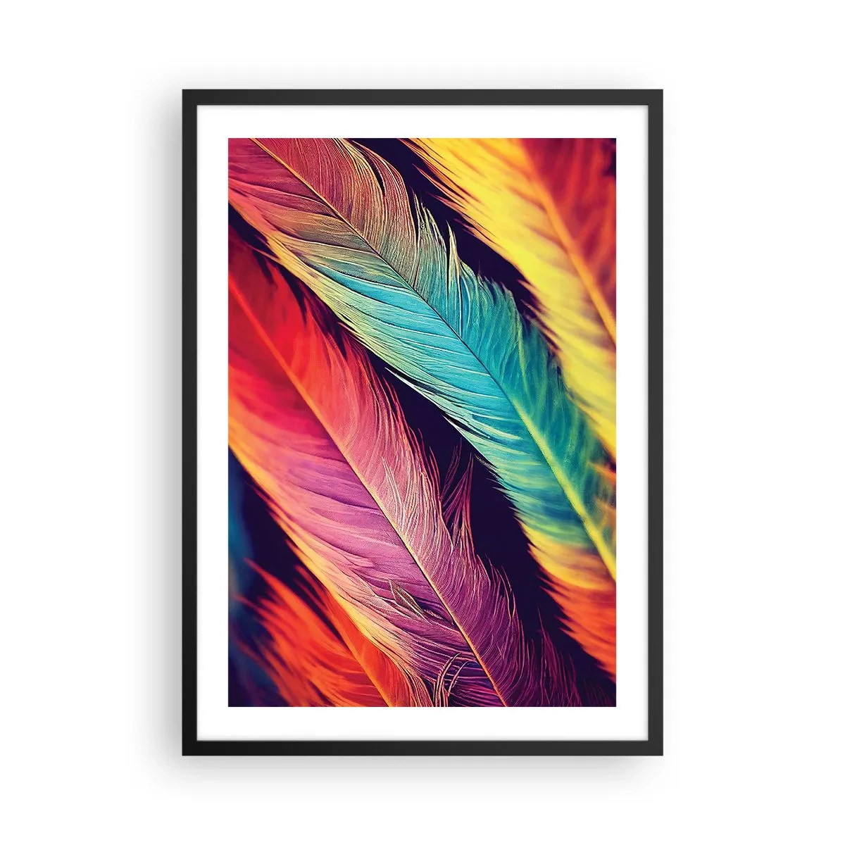 Poster in einem schwarzem Rahmen - Bunte Federn in leuchtenden Farbtönen auf dunklem Hintergrund - 50x70cm - Gefiederter Regenbogen - Moderne Wanddekoration für Wohnzimmer und Schlafzimmer ARTTOR