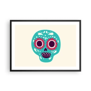 Poster in einem schwarzem Rahmen - Ein türkis-violetter Zuckerschädel, inspiriert von der mexikanischen Kultur - 70x50cm - Das Leben – Spaß bis zum Tod - Moderne Wanddekoration für Wohnzimmer und Schlafzimmer ARTTOR