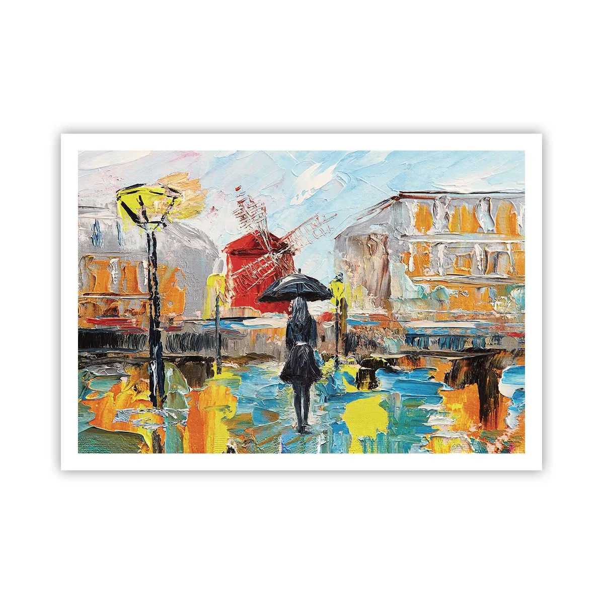 Poster - Eine malerische Szene mit einem Regenschirm vor der Kulisse von Paris in leuchtenden Farben. - 100x70cm - Pariser Legenden - Moderne Wanddekoration für Wohnzimmer und Schlafzimmer ARTTOR
