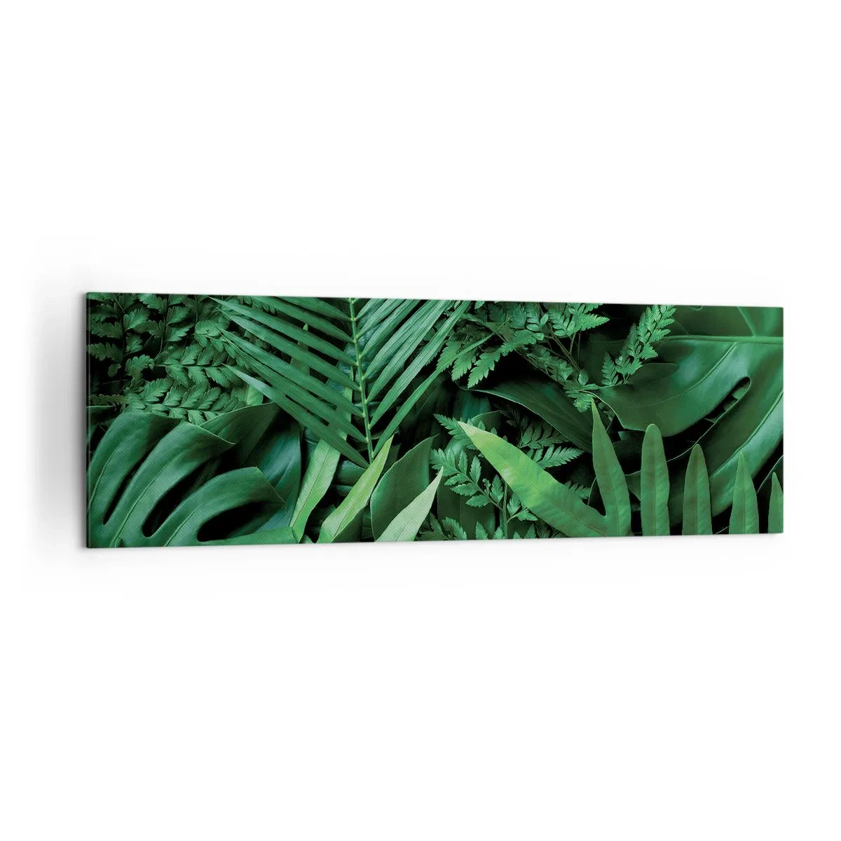 Bild auf Leinwand - Leinwandbild - Grüne tropische Blätter in einer dichten und natürlichen Komposition - 160x50cm - Eingebettet ins Grüne - Moderne Wanddekoration für Wohnzimmer und Schlafzimmer ARTTOR