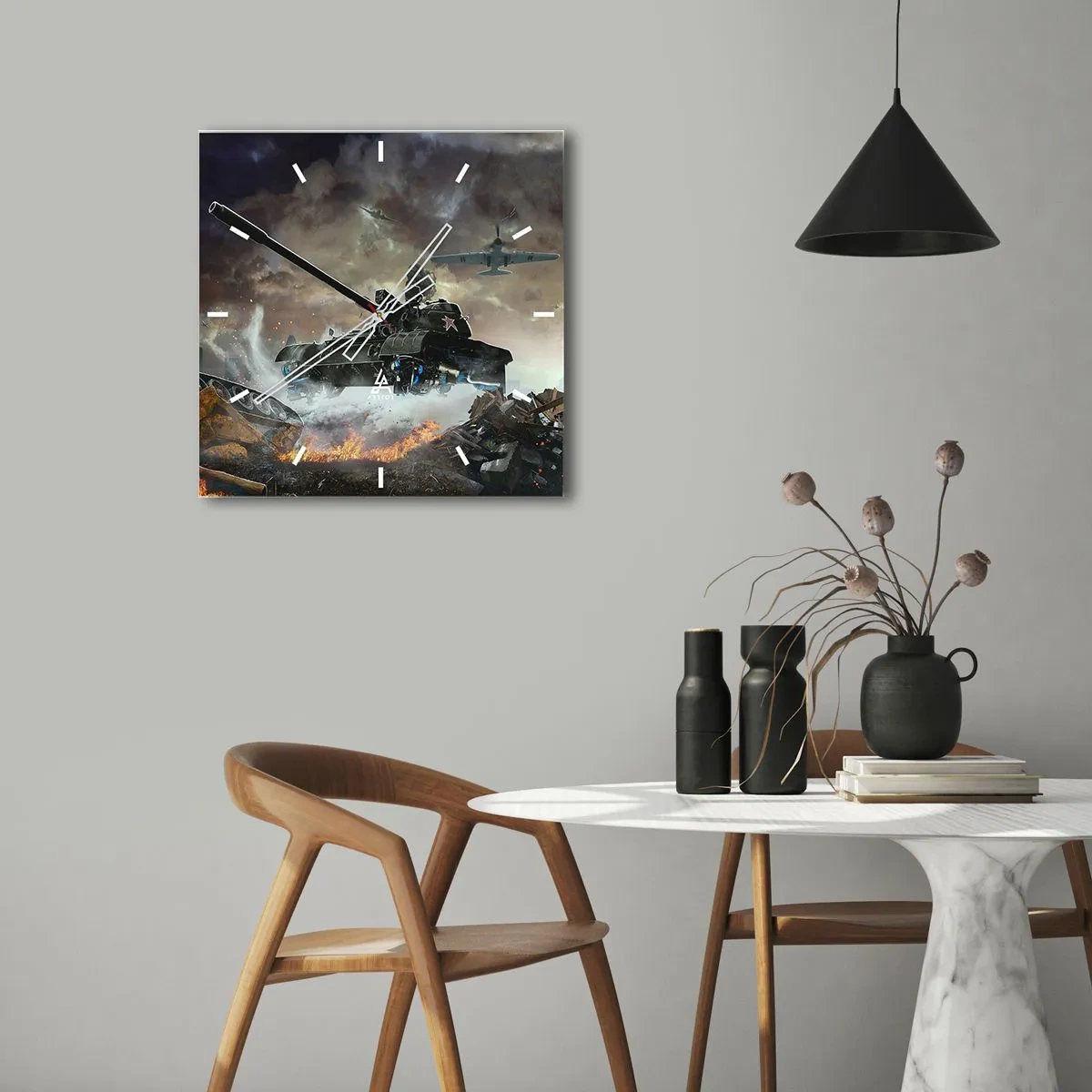 Wanduhr - Glasuhr - Kampfszene mit Panzern und Flugzeugen im Hintergrund - 30x30cm - Der Kampf ist schrecklich und schön - Moderne Wanddekoration für Wohnzimmer und Schlafzimmer ARTTOR
