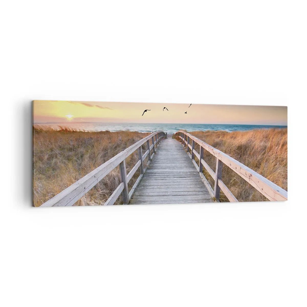 Bild auf Leinwand - Leinwandbild - Holzsteg zum Strand bei Sonnenuntergang - 140x50cm - Der Raum für Auffliegen - Moderne Wanddekoration für Wohnzimmer und Schlafzimmer ARTTOR