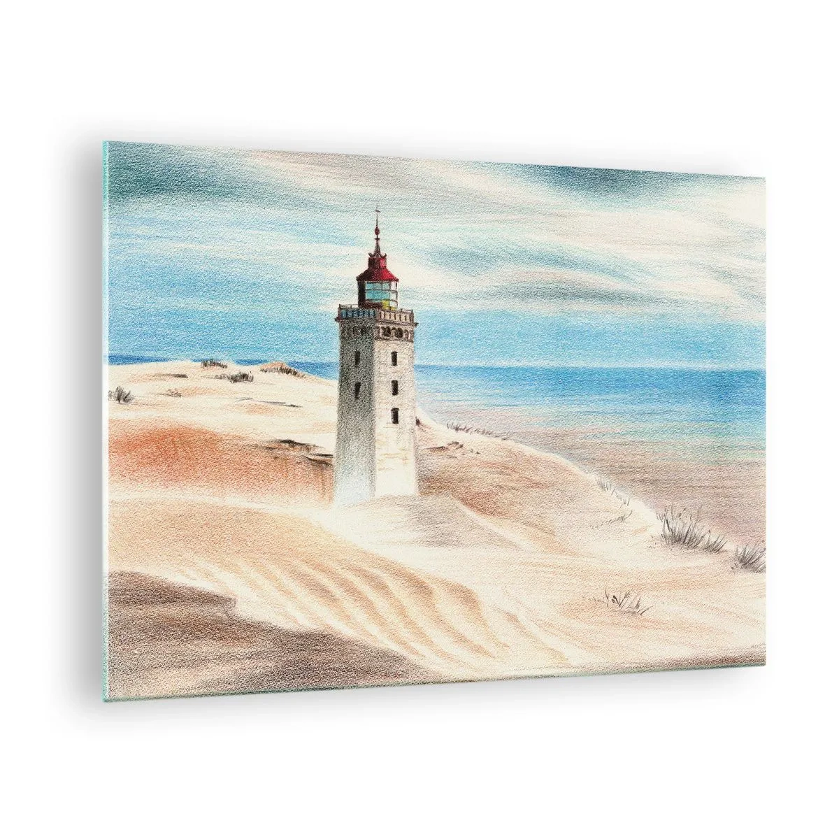 Glasbild - Bild auf glas - Ein Leuchtturm auf einer Wüstendüne an einem ruhigen Meer - 70x50cm - Immer aufs Meer starrend - Moderne Wanddekoration für Wohnzimmer und Schlafzimmer ARTTOR