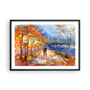 Poster in einem schwarzem Rahmen - Ein Herbstspaziergang im Park am Flussufer unter einem Regenschirm - 70x50cm - Gemeinsam bis an die Grenze der Zeit - Moderne Wanddekoration für Wohnzimmer und Schlafzimmer ARTTOR