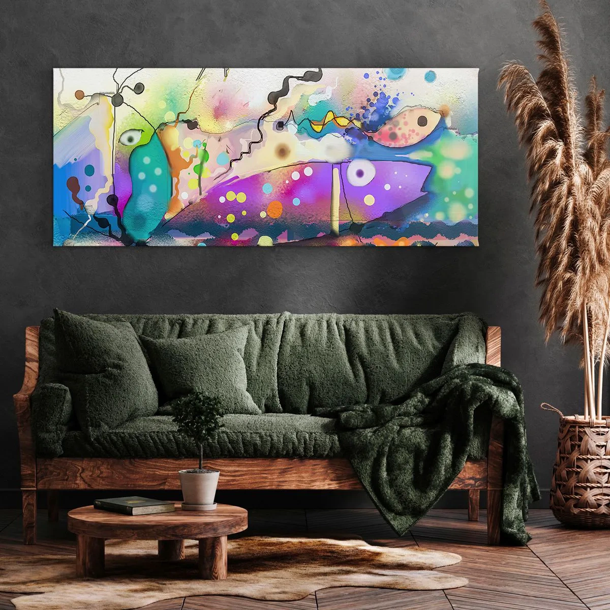 Bild auf Leinwand - Leinwandbild - Abstrakter Fisch in einer farbenfrohen, surrealen Komposition - 120x50cm - Es fehlen die Worte! - Moderne Wanddekoration für Wohnzimmer und Schlafzimmer ARTTOR