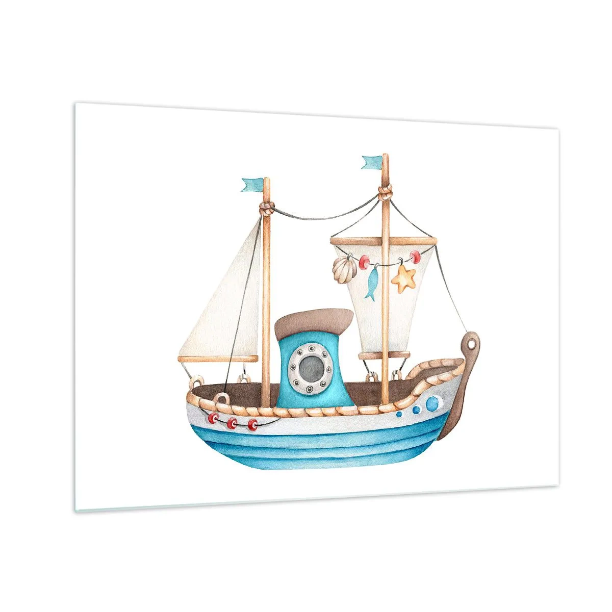 Glasbild - Bild auf glas - Illustration eines Kinderschiffs auf weißem Hintergrund - 70x50cm - Ahoi, Abenteuer! - Moderne Wanddekoration für Wohnzimmer und Schlafzimmer ARTTOR