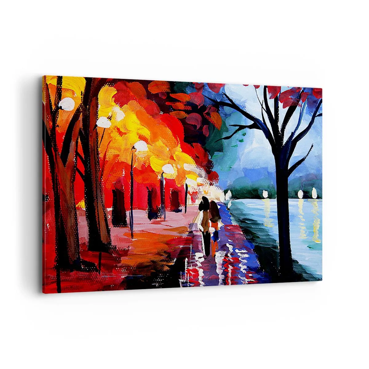 Bild auf Leinwand - Leinwandbild - Ein Herbstspaziergang entlang des Weges mit Blick auf das Wasser - 120x80cm - Strahlender Herbst im Park - Moderne Wanddekoration für Wohnzimmer und Schlafzimmer ARTTOR