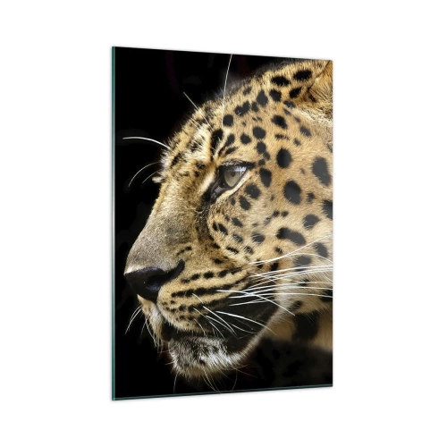Glasbild - Bild auf glas - Profil eines Leoparden auf schwarzem Hintergrund - 50x70cm - Ruhig, fokussiert, bereit - Moderne Wanddekoration für Wohnzimmer und Schlafzimmer ARTTOR