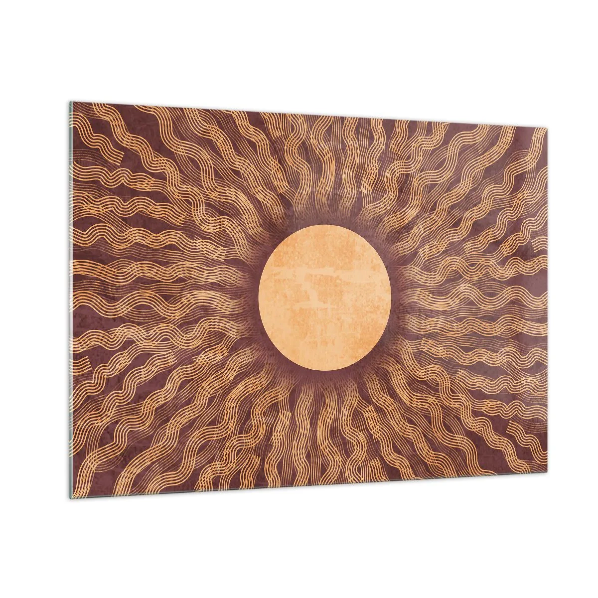 Glasbild - Bild auf glas - Eine stilisierte Sonne mit Strahlen in Form von Wellenlinien auf braunem Hintergrund. - 100x70cm - Sonnensymbol - Moderne Wanddekoration für Wohnzimmer und Schlafzimmer ARTTOR