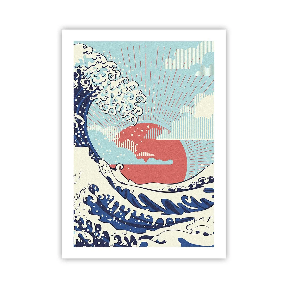 Poster - Japanisch inspirierte grafische Welle mit einer roten Sonne - 50x70cm - Von japanischer Inspiration - Moderne Wanddekoration für Wohnzimmer und Schlafzimmer ARTTOR