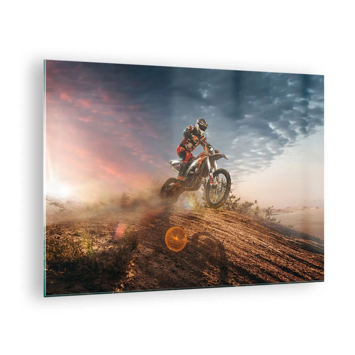 Glasbild - Bild auf glas - Motorradfahrer in der Wüste in dynamischer Umgebung - 70x50cm - Für den Sieg - Moderne Wanddekoration für Wohnzimmer und Schlafzimmer ARTTOR