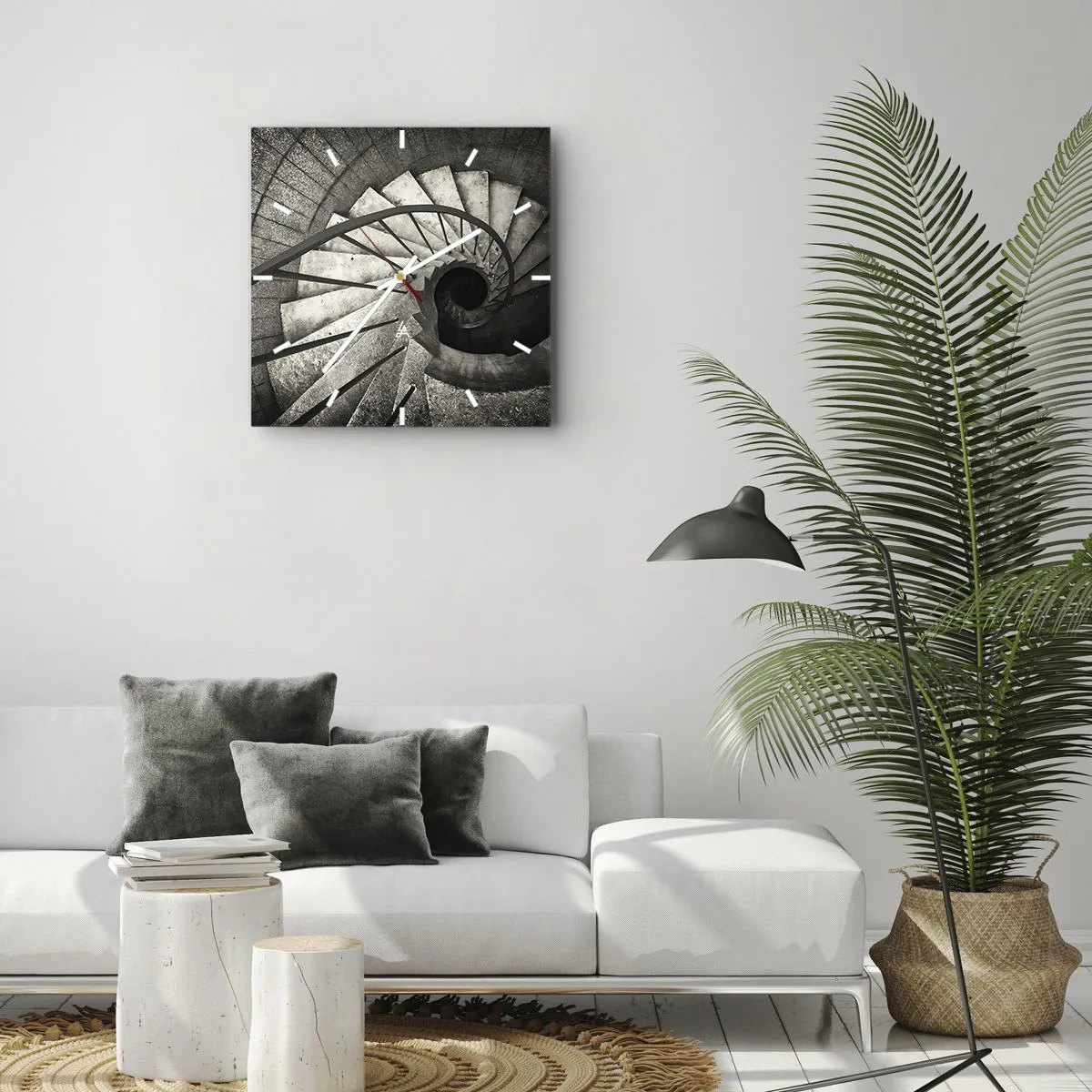 Wanduhr - Glasuhr - Schwarz-weiße Wendeltreppe im modernen Stil - 30x30cm - Treppe hoch, Treppe runter - Moderne Wanddekoration für Wohnzimmer und Schlafzimmer ARTTOR