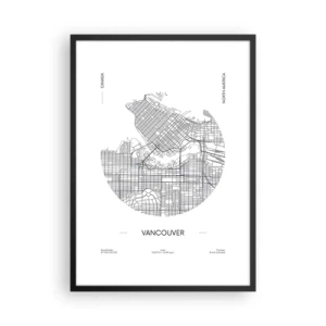 Poster in einem schwarzem Rahmen - Eine minimalistische Schwarz-Weiß-Karte von Vancouver - 50x70cm - Anatomie von Vacouver - Moderne Wanddekoration für Wohnzimmer und Schlafzimmer ARTTOR