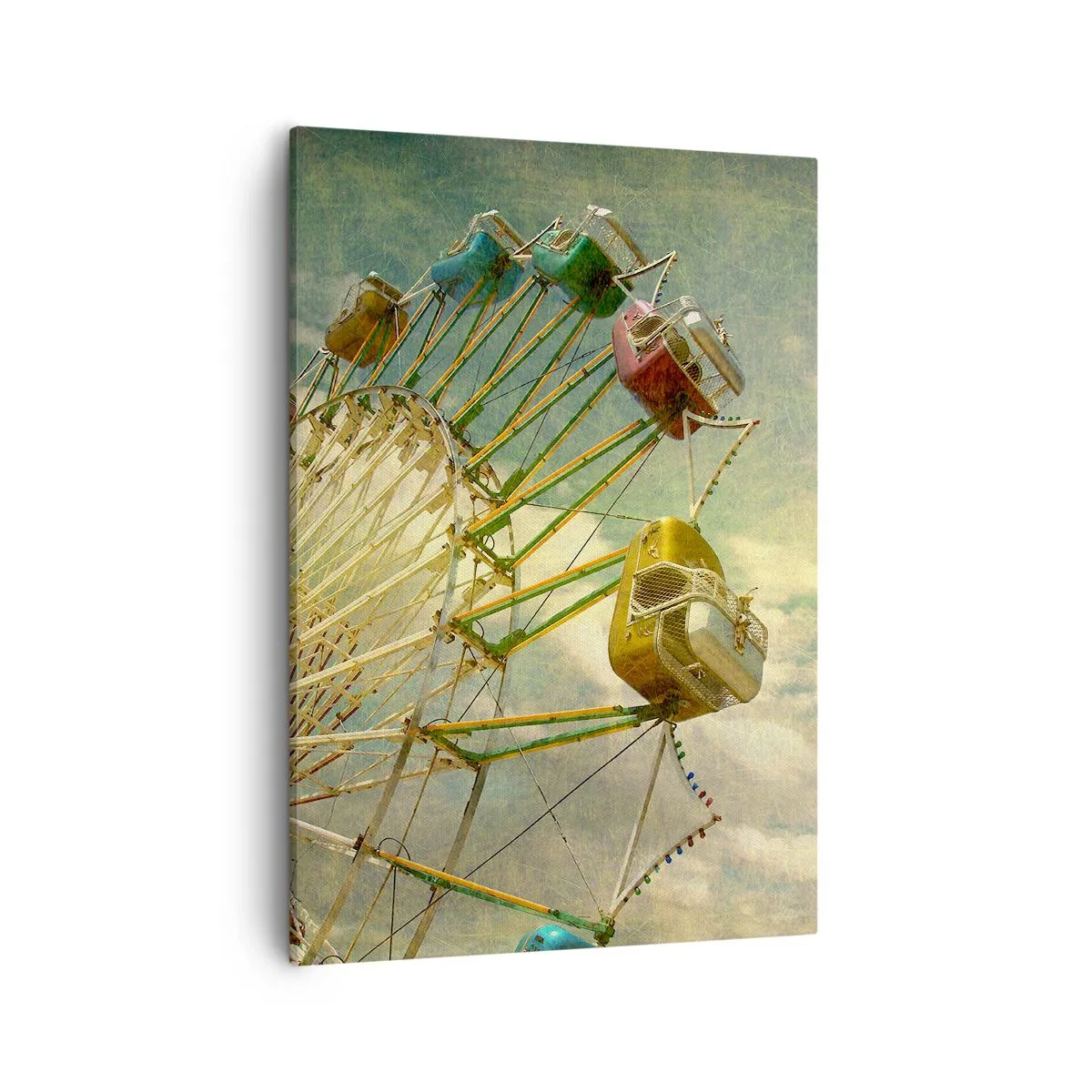 Bild auf Leinwand - Leinwandbild - Retro-Foto von einem Riesenrad mit Palmen gegen den Himmel - 50x70cm - Es wird Spaß geben ... - Moderne Wanddekoration für Wohnzimmer und Schlafzimmer ARTTOR