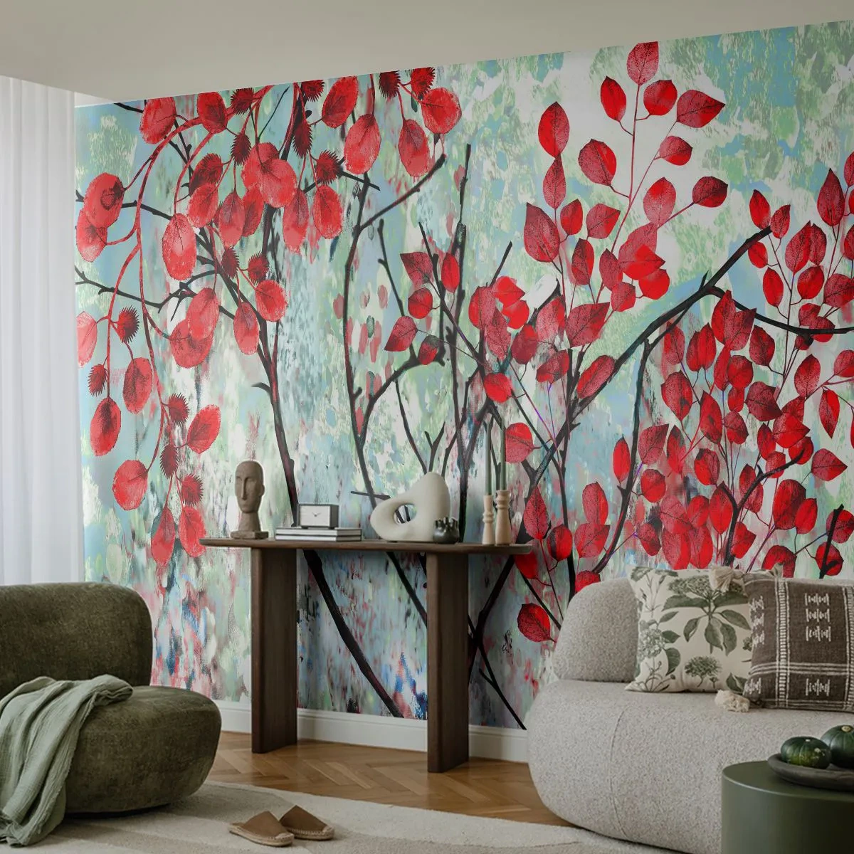 Fototapete Premium Sand - Abstrakte Zweige mit roten Blättern auf hellem Hintergrund - 100x70cm - Baum in Scharlachrot - Moderne Wanddekoration für Wohnzimmer und Schlafzimmer ARTTOR