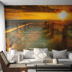 Fototapete Premium Canvas - In altem Gold gebadet - Landschaft, Meer, Abstieg zum Strand - 250x175 cm