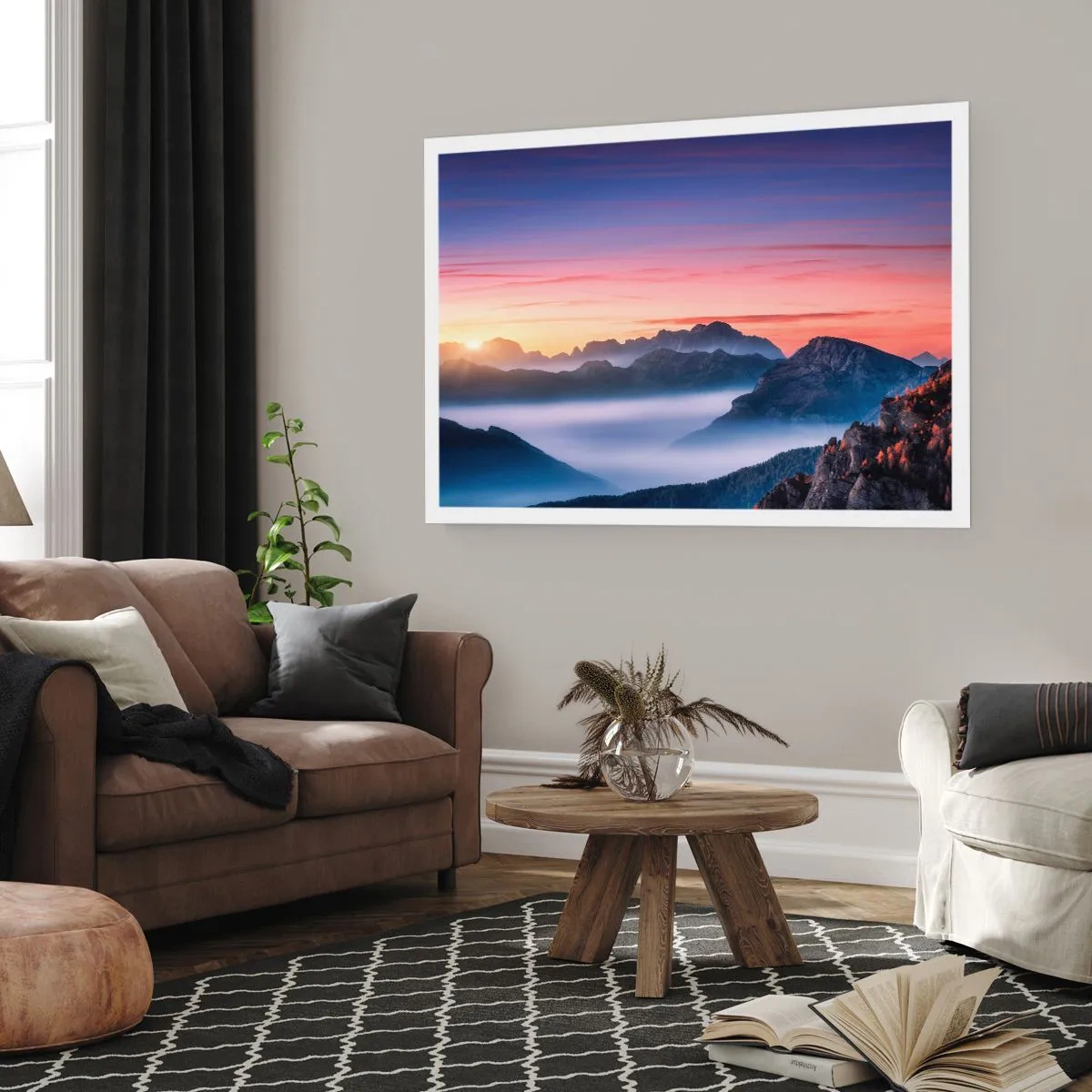 Poster - Berglandschaft bei Sonnenaufgang mit Nebel in den Tälern - 100x70cm - Über die Täler - Moderne Wanddekoration für Wohnzimmer und Schlafzimmer ARTTOR
