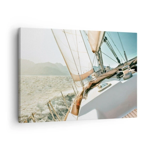 Bild auf Leinwand - Leinwandbild - Eine Yacht auf offener See mit Blick auf die Berge - 70x50cm - Unter vollen Segeln - Moderne Wanddekoration für Wohnzimmer und Schlafzimmer ARTTOR