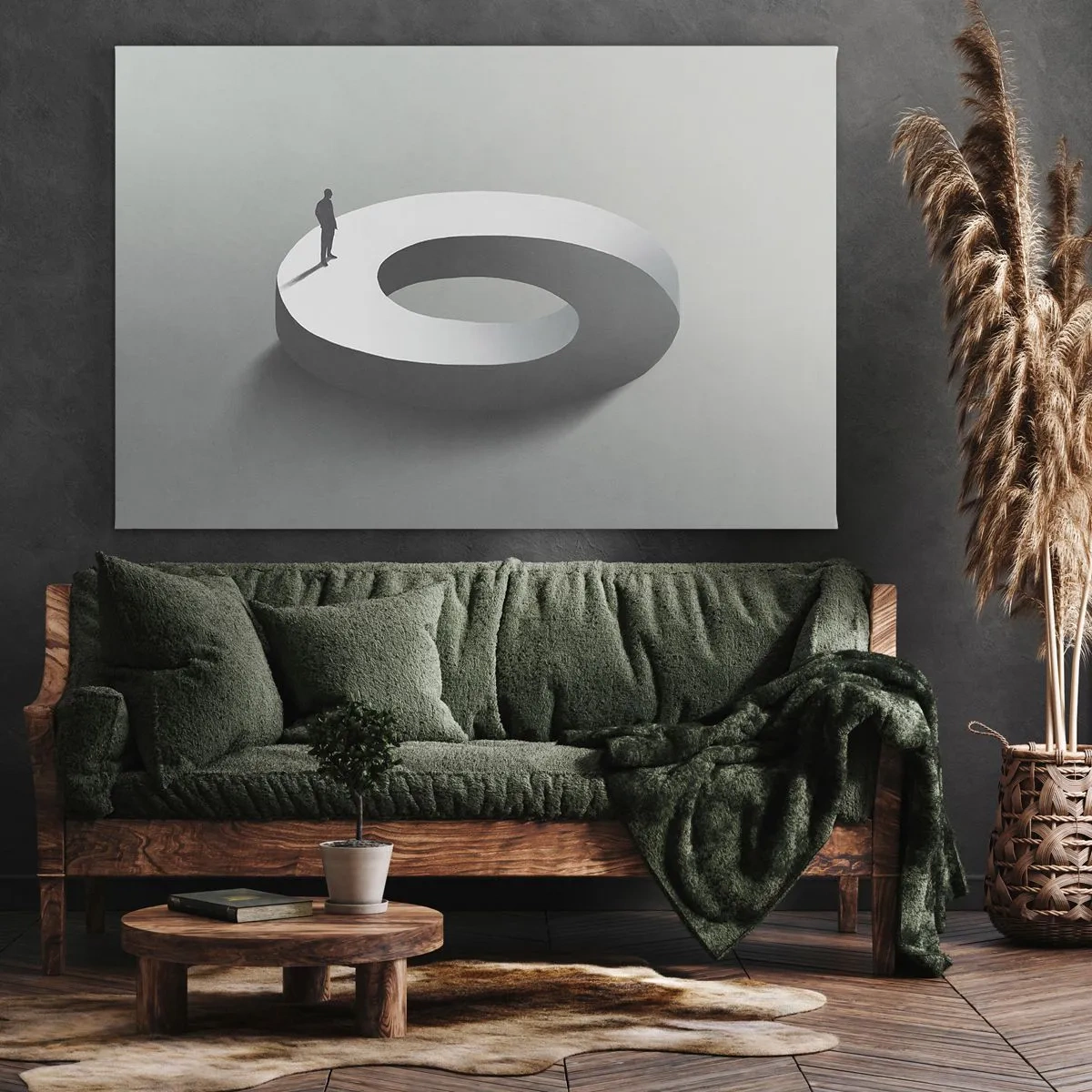 Bild auf Leinwand - Leinwandbild - Ein Mann auf einer grauen, abstrakten Struktur - 70x50cm - Und wie soll man davon klug werden - Moderne Wanddekoration für Wohnzimmer und Schlafzimmer ARTTOR