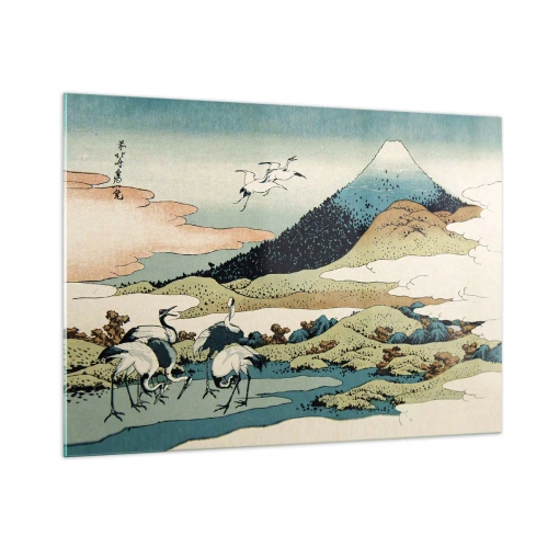Glasbild - Bild auf glas - Ein Gemälde von Vögeln in einer japanischen Landschaft mit Blick auf den Berg Fuji. - 100x70cm - Im japanischen Geist - Moderne Wanddekoration für Wohnzimmer und Schlafzimmer ARTTOR