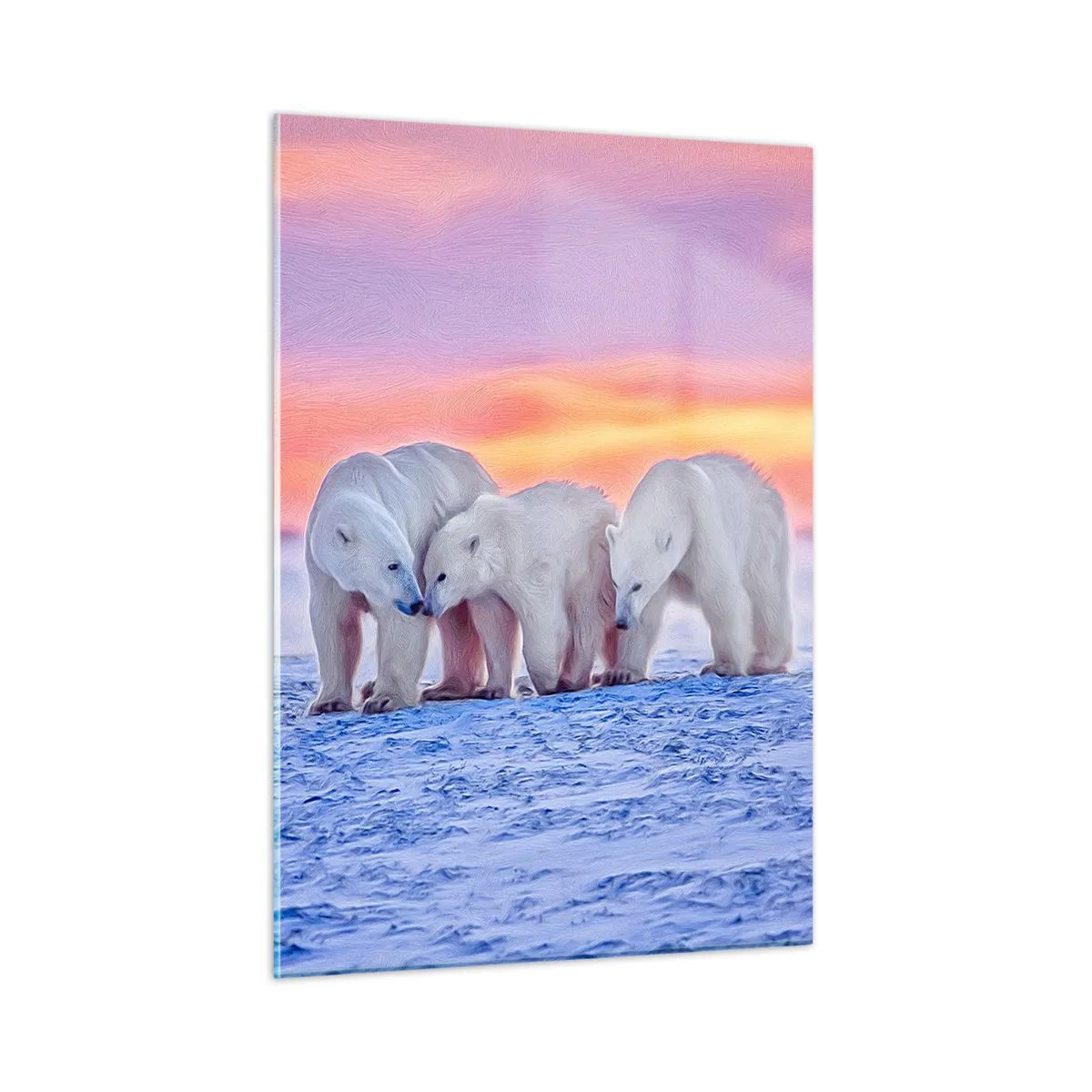 Glasbild - Bild auf glas - Drei Eisbären auf einem verschneiten Hintergrund bei Sonnenuntergang - 50x70cm - Familienwärme ist genug - Moderne Wanddekoration für Wohnzimmer und Schlafzimmer ARTTOR