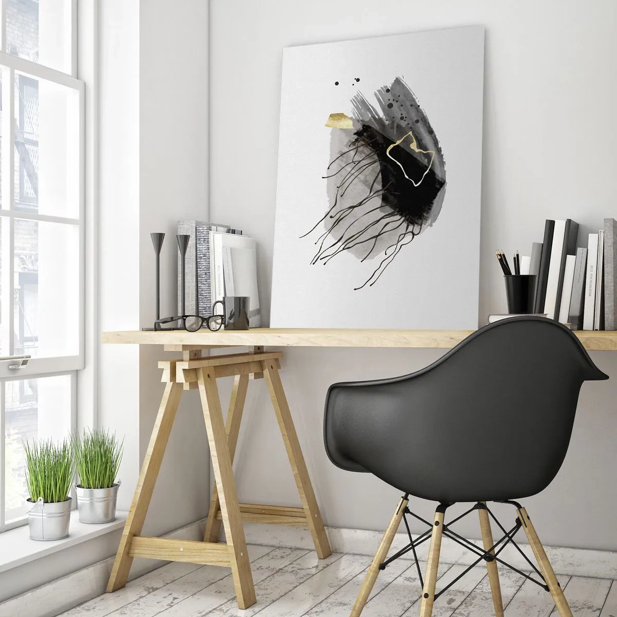 Glasbild - Bild auf glas - Abstrakte Komposition aus Schwarz und Gold auf weißem Hintergrund - 50x70cm - In Schwarz und Gold - Moderne Wanddekoration für Wohnzimmer und Schlafzimmer ARTTOR