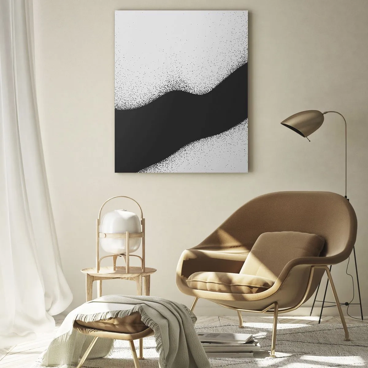 Glasbild - Bild auf glas - Abstraktes schwarz-weißes Muster mit zarten Punkten auf Leinwand - 80x120cm - Flüssiges Gleichgewicht - Moderne Wanddekoration für Wohnzimmer und Schlafzimmer ARTTOR