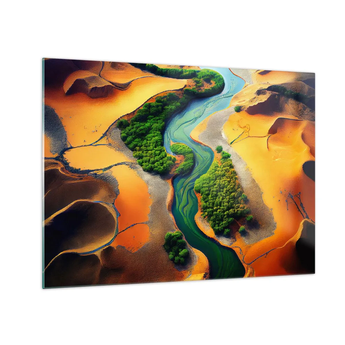 Glasbild - Bild auf glas - Grüne Oasen und ein Fluss zwischen orangefarbenen Dünen - 70x50cm - Lebensspendender Fluss - Moderne Wanddekoration für Wohnzimmer und Schlafzimmer ARTTOR
