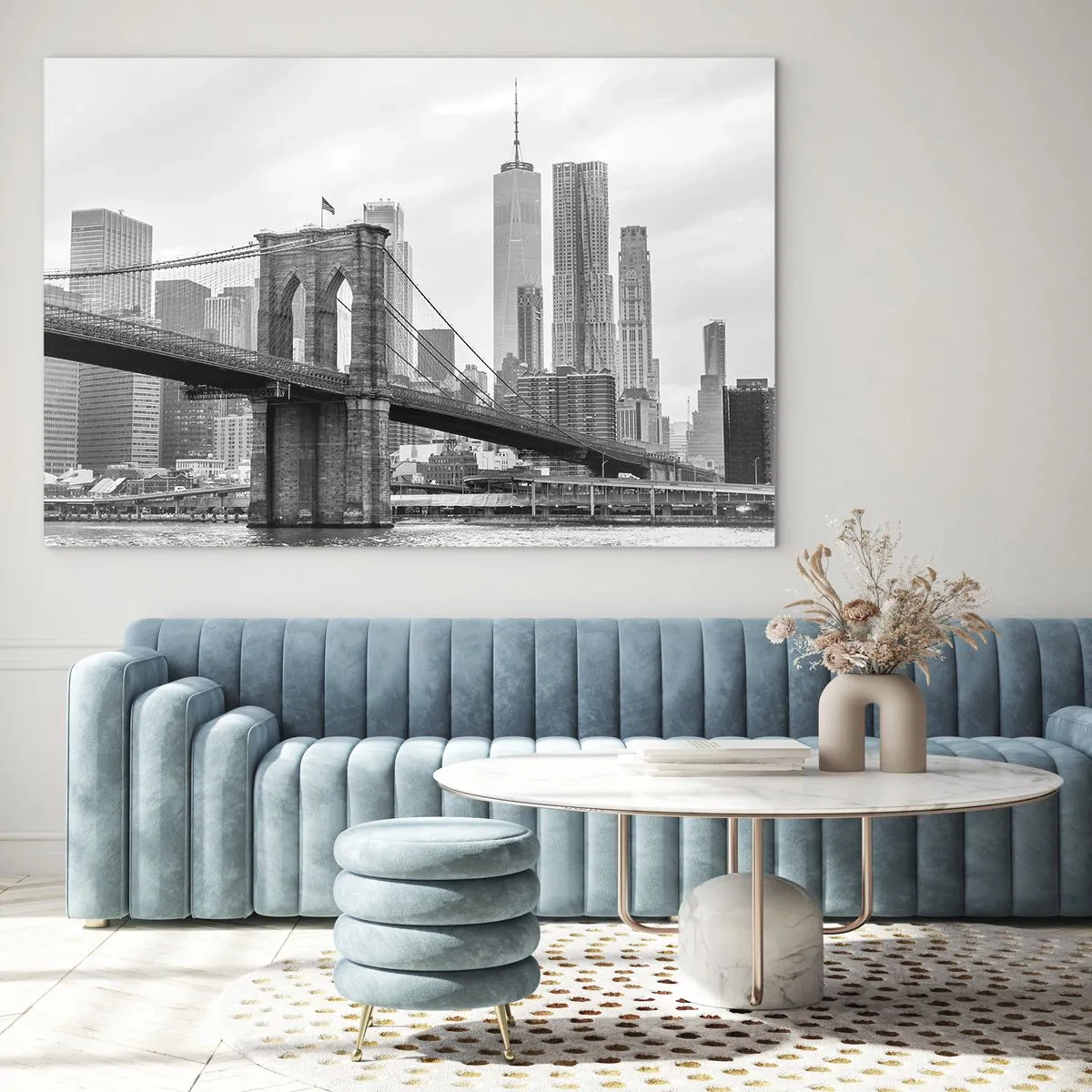 Glasbild - Bild auf glas - Schwarz-Weiß-Foto einer Brücke und Stadtlandschaft - 120x80cm - New Yorker Atmosphäre - Moderne Wanddekoration für Wohnzimmer und Schlafzimmer ARTTOR