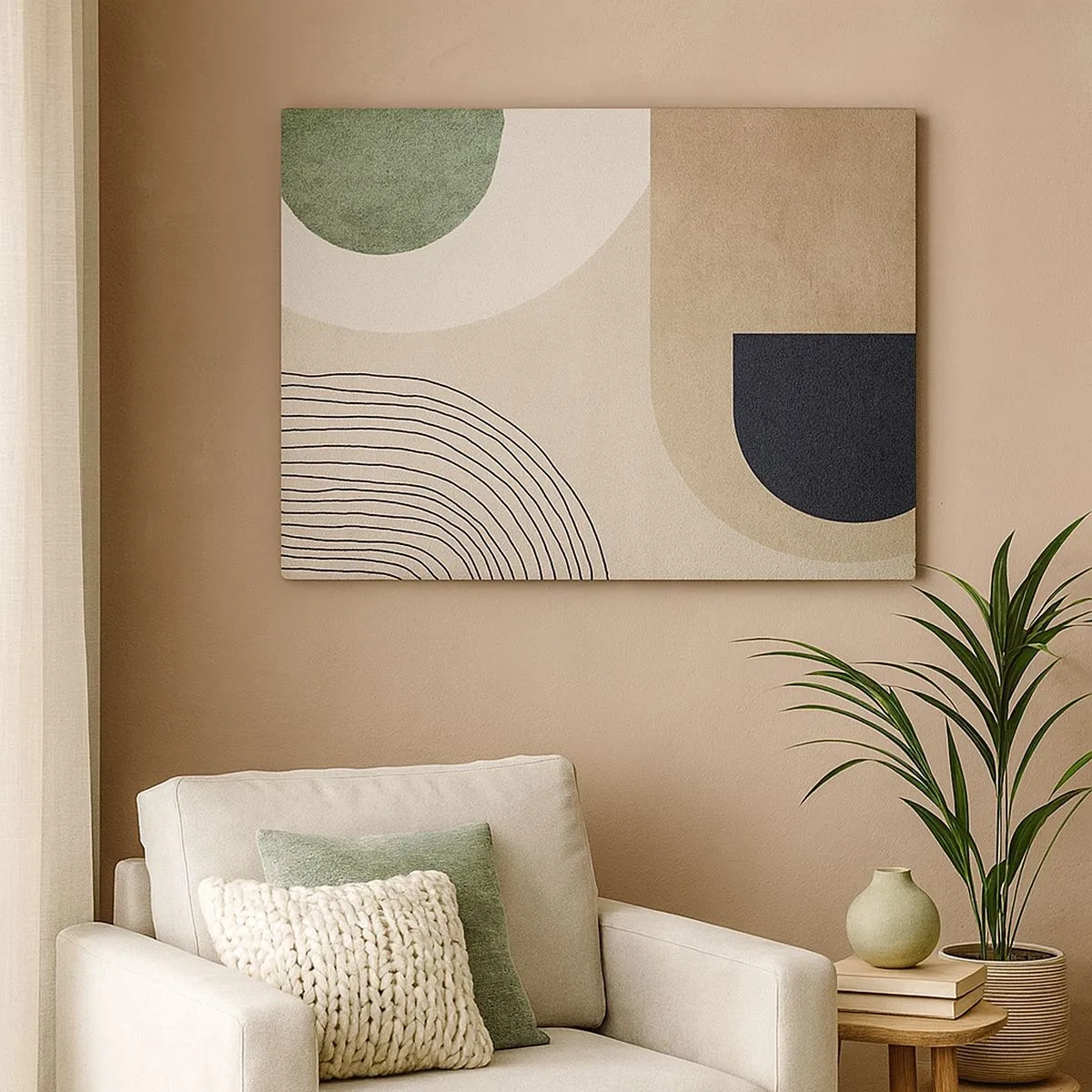 Bild auf Leinwand - Leinwandbild - Geometrische Formen in Beige- und Grüntönen - 70x50cm - Sanftheit des Ovals - Moderne Wanddekoration für Wohnzimmer und Schlafzimmer ARTTOR
