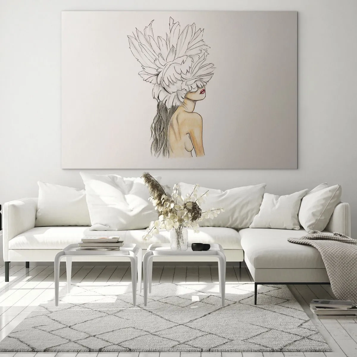 Glasbild - Bild auf glas - Eine Zeichnung einer Frau mit langen Haaren und einer Krone aus großen Federn - 100x70cm - Gekrönte Schönheit - Moderne Wanddekoration für Wohnzimmer und Schlafzimmer ARTTOR