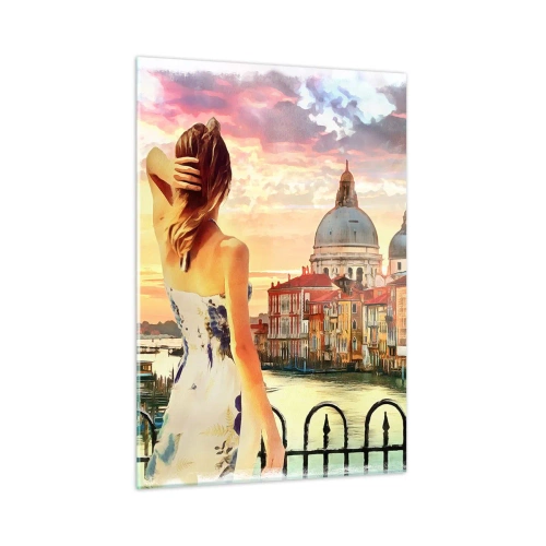 Glasbild - Bild auf glas - Eine Frau bewundert den Blick auf Venedig bei Sonnenuntergang. - 50x70cm - Als Abenteuer nur in ... - Moderne Wanddekoration für Wohnzimmer und Schlafzimmer ARTTOR